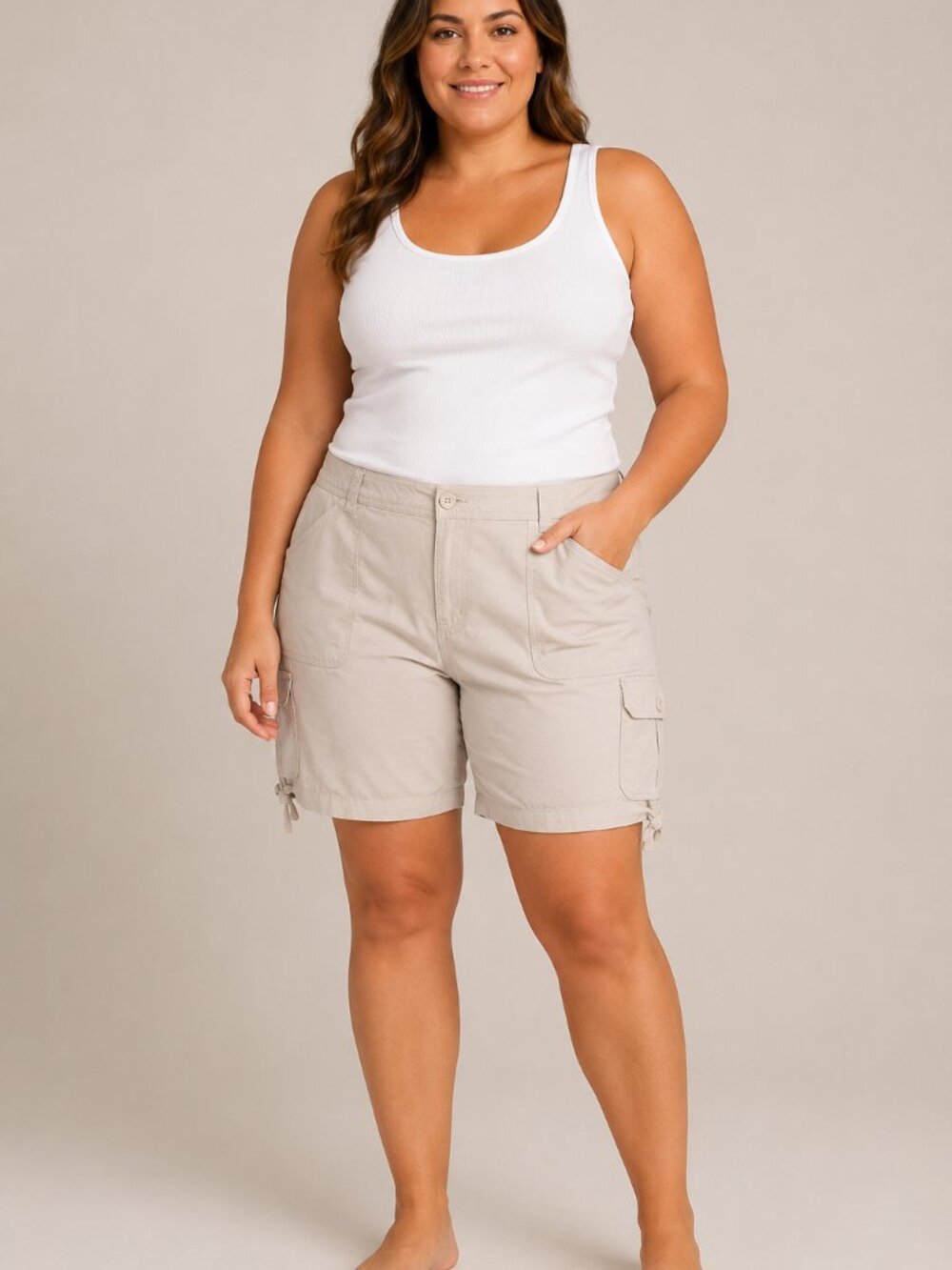 St. John's Bay Women's Plus Size 24W Khaki Cargo Bermuda Shorts Drawstring Hem